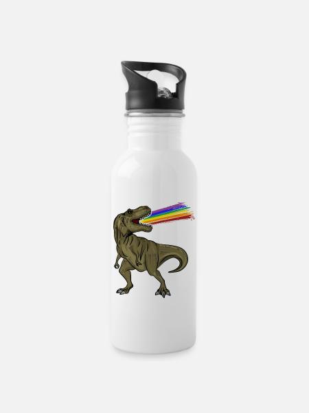 T-Rex Regenbogen Laser Uhrzeit Geschenkidee - Trinkflasche mit integriertem Trinkhalm - Weiß
