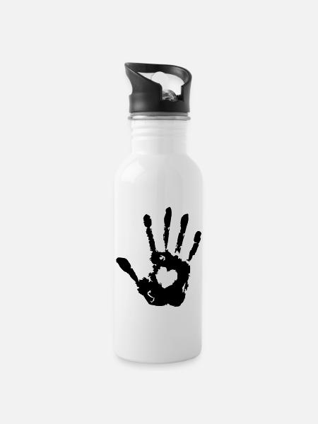Stop Hand Right with Heart Print - Water bottle with straw - white