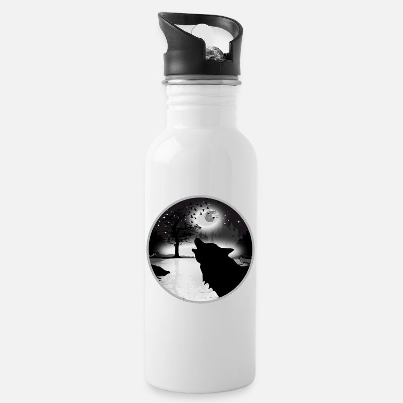 heulender Wolf in der Nacht bei Vollmond - Trinkflasche mit integriertem Trinkhalm - Weiß
