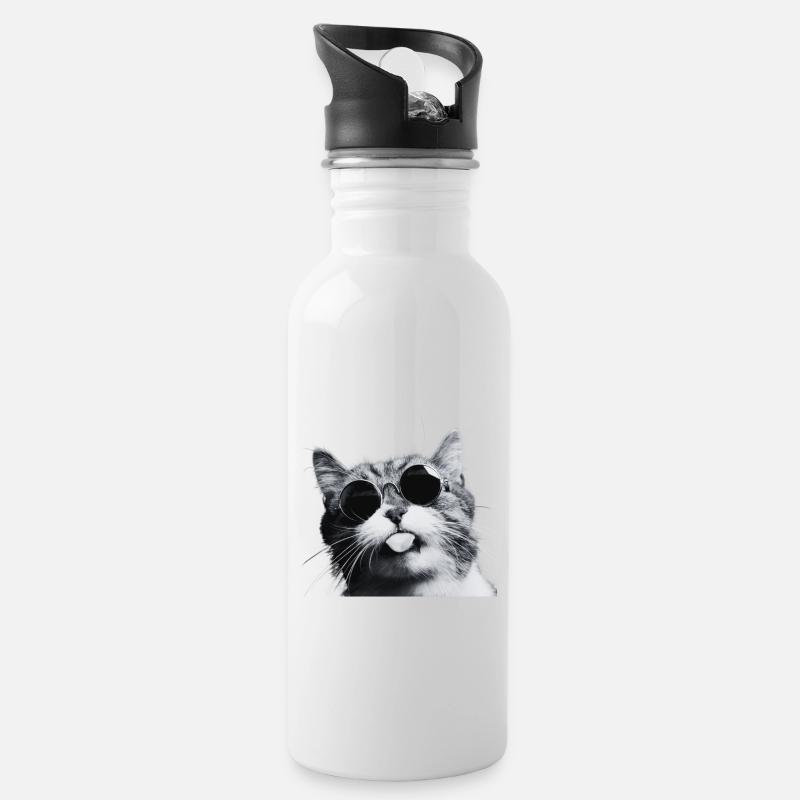 Chill Cat mit runder Sonnenbrille - Trinkflasche mit integriertem Trinkhalm - Weiß