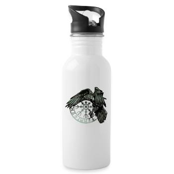 Grüne Wikingerkrähe und Runensymbol - Trinkflasche mit integriertem Trinkhalm - Weiß - Rechts