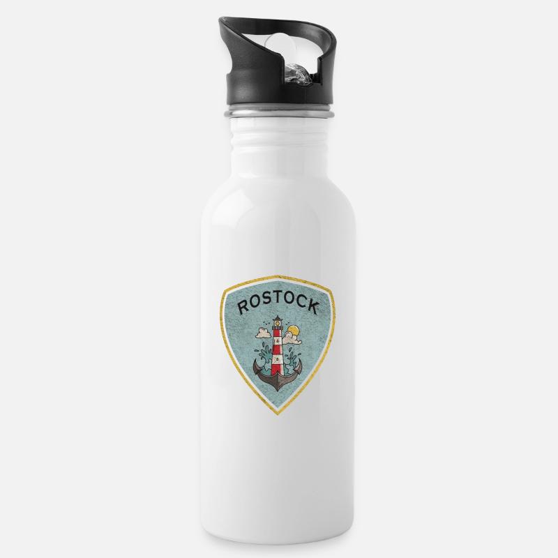 Rostock Wappen Leuchtturm Design / Geschenkidee - Trinkflasche mit integriertem Trinkhalm - Weiß
