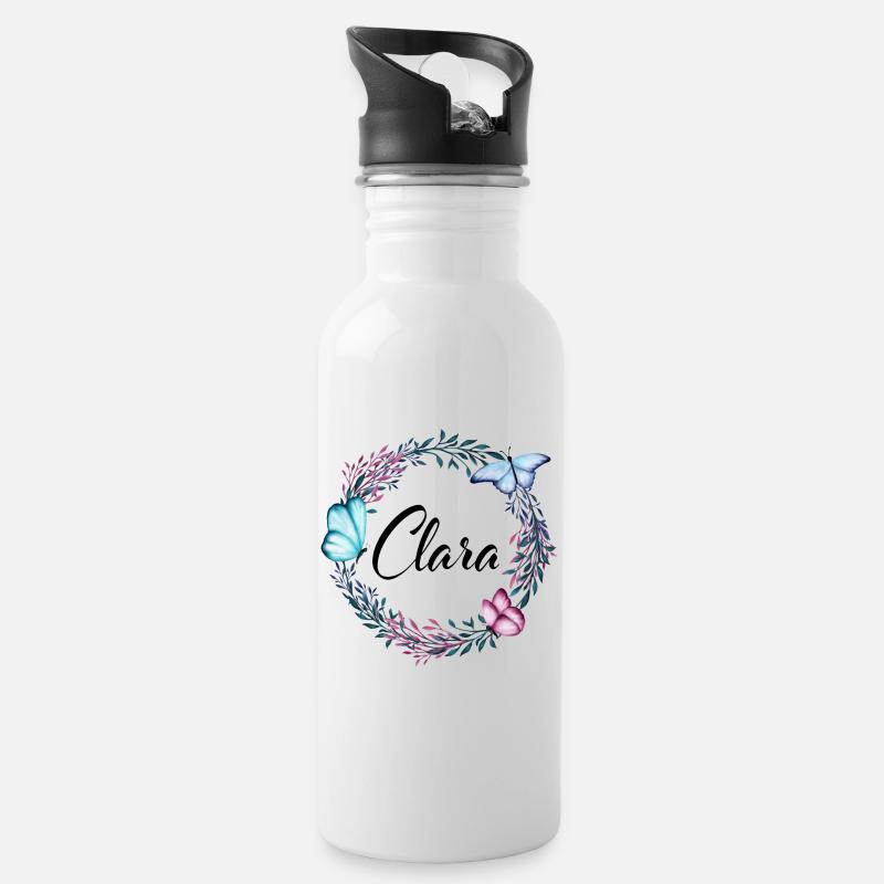 Clara, nom, lettrage, couronne de fleurs, cadeau - Gourde avec paille intégrée - blanc