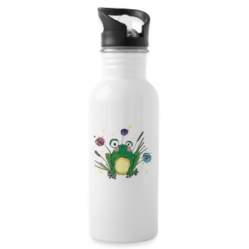 Cute Little Frog in the Grass – Cartoon Design - Water bottle with straw - white - Right
