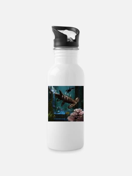 Toller Steampunk-Hammerhai - Trinkflasche mit integriertem Trinkhalm - Weiß
