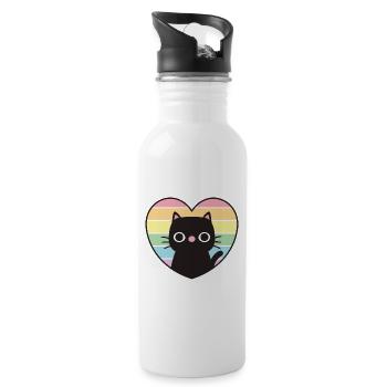 Süße schwarze Katze Regenbogenherz - Trinkflasche mit integriertem Trinkhalm - Weiß - Rechts