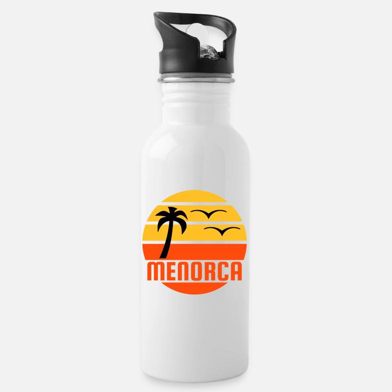 Menorca (Sonne, Palme, Vögel) - Trinkflasche mit integriertem Trinkhalm - Weiß