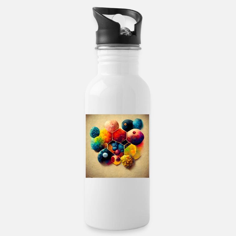 A puzzle with molecules - Water bottle with straw - white