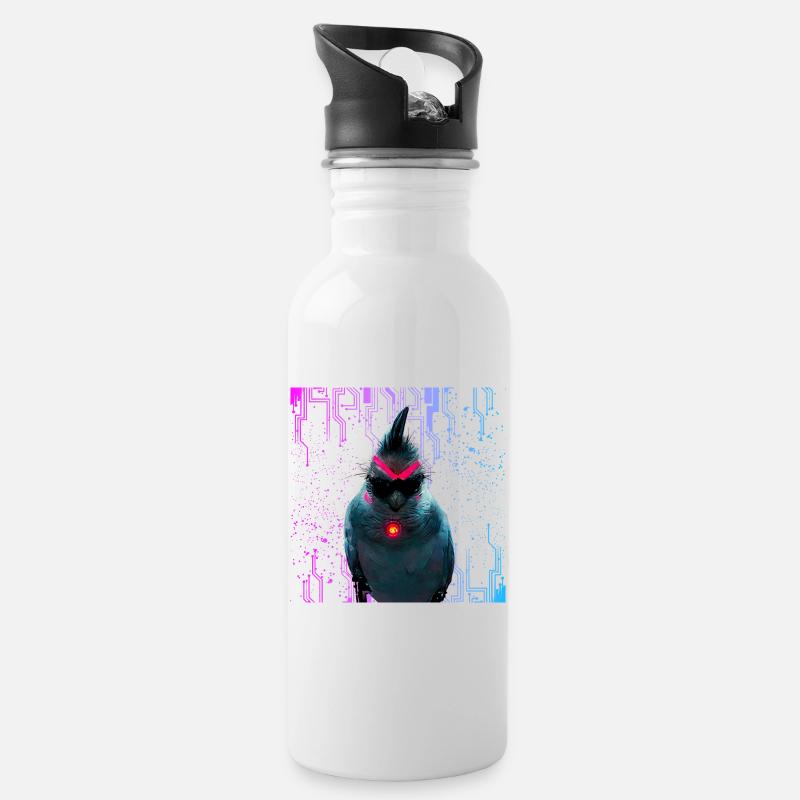 Cyber Nymphensittich Neon Bloom - Trinkflasche mit integriertem Trinkhalm - Weiß