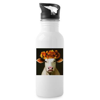 Die Kuh mit den Herbstblumen - Trinkflasche mit integriertem Trinkhalm - Weiß - Rechts