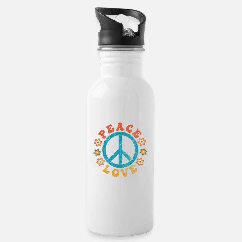 Peace & Love - Signe de paix hippie avec des fleurs - Gourde avec paille intégrée - blanc