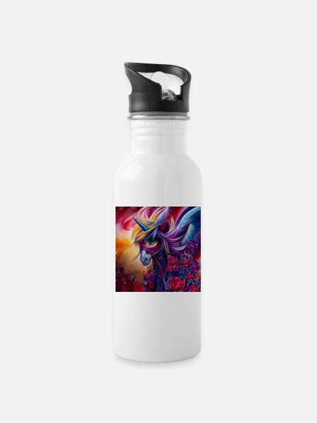 Wunderbares buntes Einhorn mit Blumen. - Trinkflasche mit integriertem Trinkhalm - Weiß