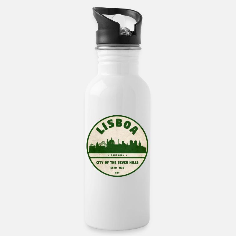 Lisboa Silhouette Stadtlogo - Trinkflasche mit integriertem Trinkhalm - Weiß