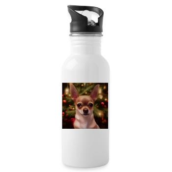 Chihuahua in front of a Christmas tree - Water bottle with straw - white - Right