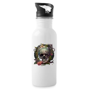 Totenkopf - Blumen ∞ Skull Floral Design - Trinkflasche mit integriertem Trinkhalm - Weiß - Rechts