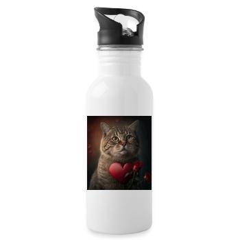 Valentinstag Katze Herz Rose - Trinkflasche mit integriertem Trinkhalm - Weiß - Rechts
