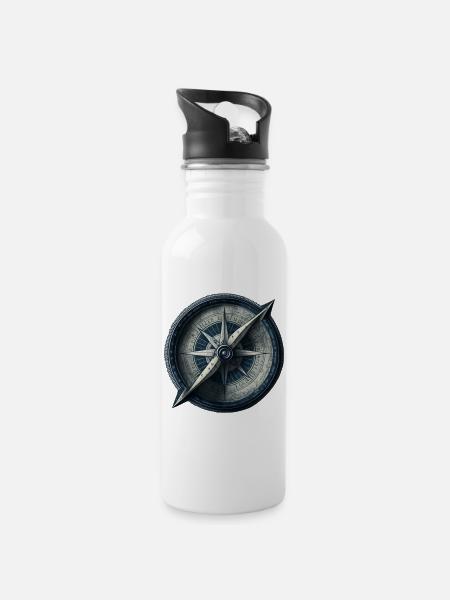 schöner, nautischer Kompass fürs segeln - Trinkflasche mit integriertem Trinkhalm - Weiß