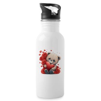 Cute teddy bear with red flowers and hearts - Water bottle with straw - white - Right