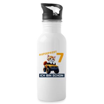 7. Geburtstag Katze auf Monstertruck 7 Jahre alt - Trinkflasche mit integriertem Trinkhalm - Weiß - Rechts