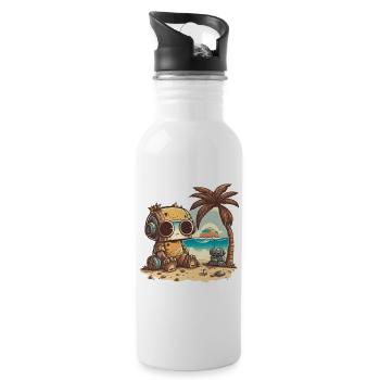 Ein kleiner Roboter im T-Shirt entspannt am Strand - Trinkflasche mit integriertem Trinkhalm - Weiß - Rechts