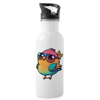 Kawaii Cute Happy Colorful Bird with Sunglasses - Water bottle with straw - white - Right