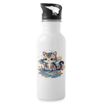 Little baby cat on clouds. - Water bottle with straw - white - Right
