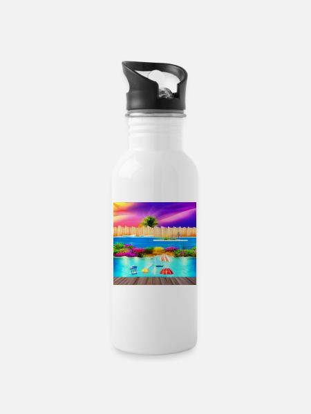 sunny vacation at sea side - Water bottle with straw - white