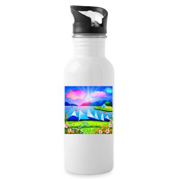 childhood with bicycle in spring sunny mountains - Water bottle with straw - white - Right