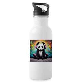 Panda mit neonfarbenen Kopfhörern - Trinkflasche mit integriertem Trinkhalm - Weiß - Rechts
