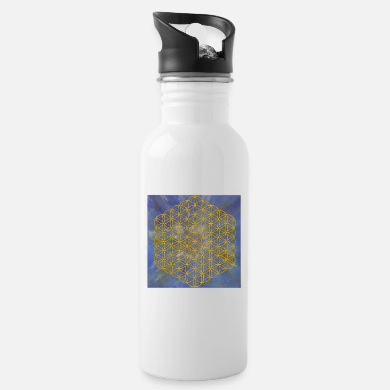 Blume des Lebens - 5. Dimension "Erzengel Michael" - Trinkflasche mit integriertem Trinkhalm - Weiß