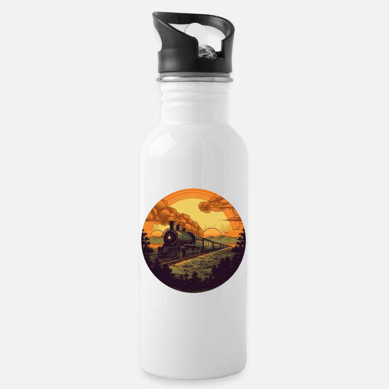 Locomotive à vapeur rétro au coucher du soleil - Gourde avec paille intégrée - blanc