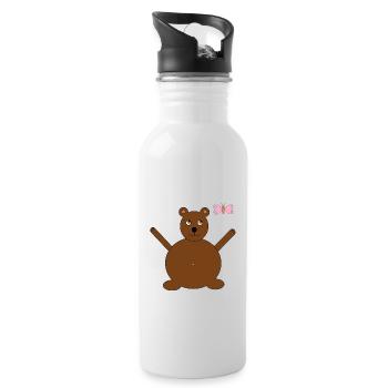 Brauner Bär & rosa/blauer Schmetterling - Trinkflasche mit integriertem Trinkhalm - Weiß - Rechts