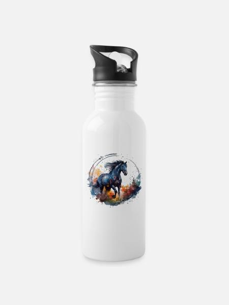 Farbenfroher Galoppierender Pferd-Druck - Trinkflasche mit integriertem Trinkhalm - Weiß