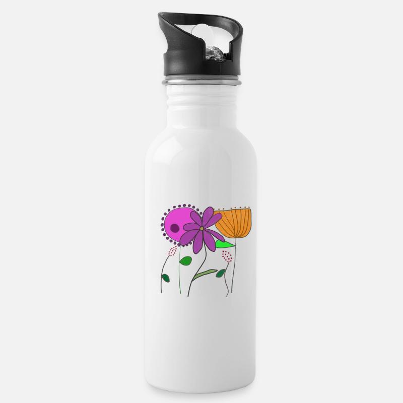 Blumenmotive mit bunten Blumen und Blättern - Trinkflasche mit integriertem Trinkhalm - Weiß