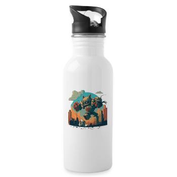 Roboter gegen Monster - Trinkflasche mit integriertem Trinkhalm - Weiß - Rechts