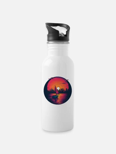 Synthwave sailing ship sunset - Trinkflasche mit integriertem Trinkhalm - Weiß