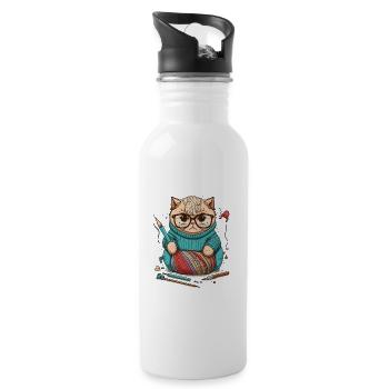 Strickende Katze - Trinkflasche mit integriertem Trinkhalm - Weiß - Rechts
