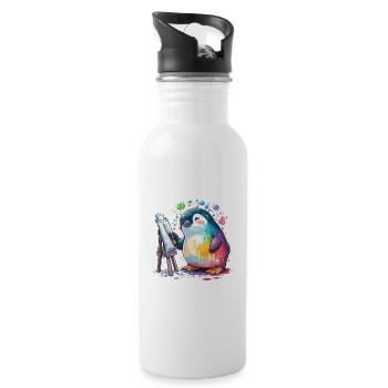 Künstlerischer Pinguin - Trinkflasche mit integriertem Trinkhalm - Weiß - Rechts