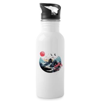 Japanischer Berg-, Wasser- und Pagodenszene - Trinkflasche mit integriertem Trinkhalm - Weiß - Rechts