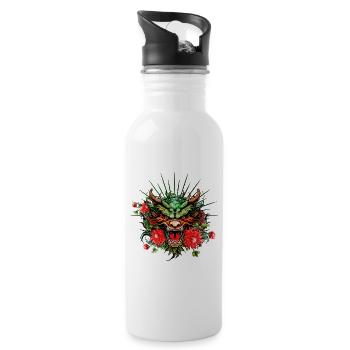 Wunderschöner bunter Drachenkopf mit Blumen. - Trinkflasche mit integriertem Trinkhalm - Weiß - Rechts