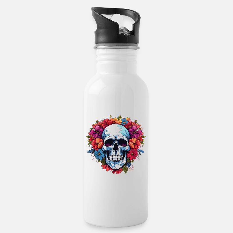 Blumenkranz Totenkopf Portrait - Trinkflasche mit integriertem Trinkhalm - Weiß