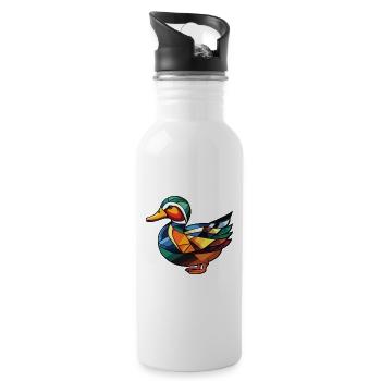 Mandarin Duck Colorful Watercolor Animal Cartoon - Water bottle with straw - white - Right