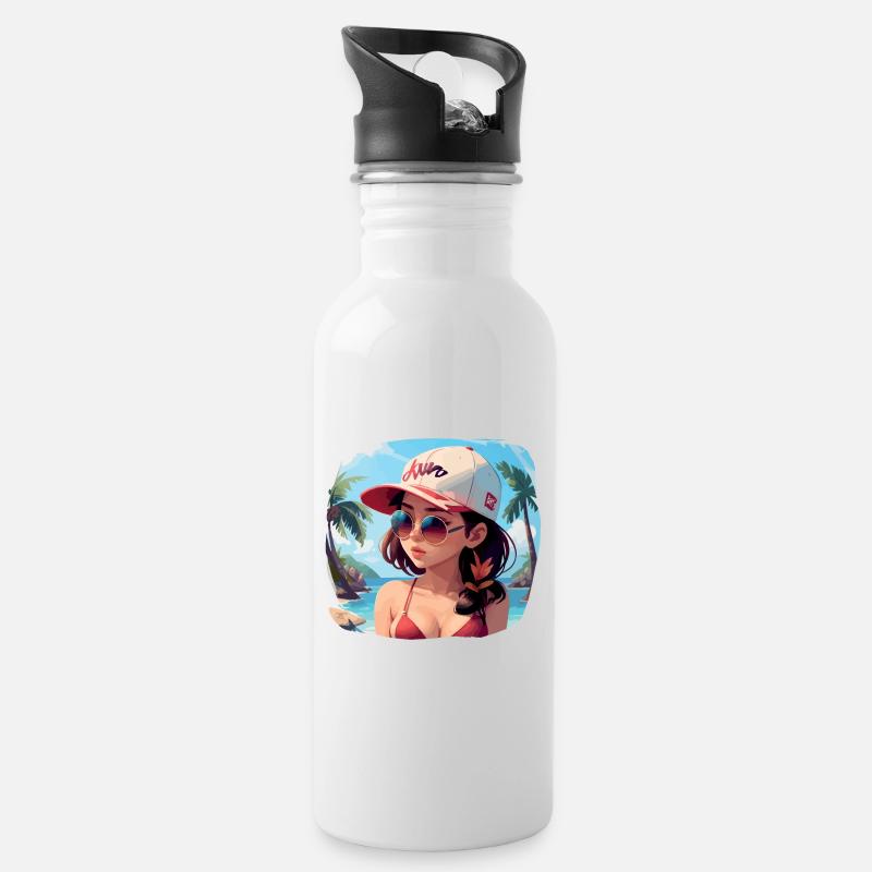 Asiatisches Mädchen im Bikini - Trinkflasche mit integriertem Trinkhalm - Weiß