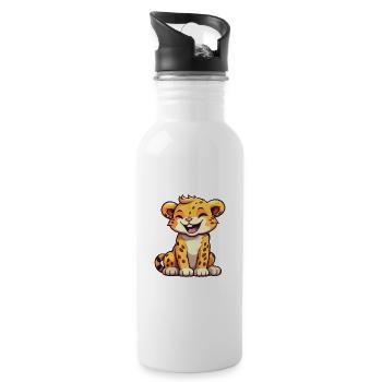 Leopard Cartoon Kawaii Watercolor Illustration - Water bottle with straw - white - Right