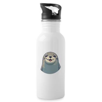 Seal Cartoon Kawaii Watercolor Illustration - Water bottle with straw - white - Right
