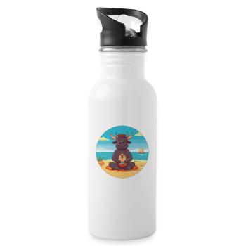 Bull Cartoon Yoga Beach Summer Illustration - Water bottle with straw - white - Right