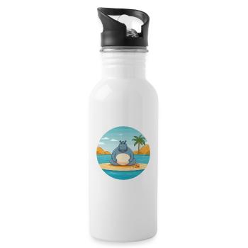 Hippo Cartoon Yoga Beach Summer Illustration - Water bottle with straw - white - Right