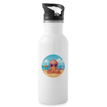 Oktopus-Karikatur-Yoga-Strand-Sommer-Illustration - Trinkflasche mit integriertem Trinkhalm - Weiß - Rechts