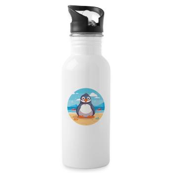 Penguin Cartoon Yoga Beach Summer Illustration - Water bottle with straw - white - Right