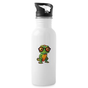 Chameleon With Glasses Cartoon Kawaii Illustration - Water bottle with straw - white - Right